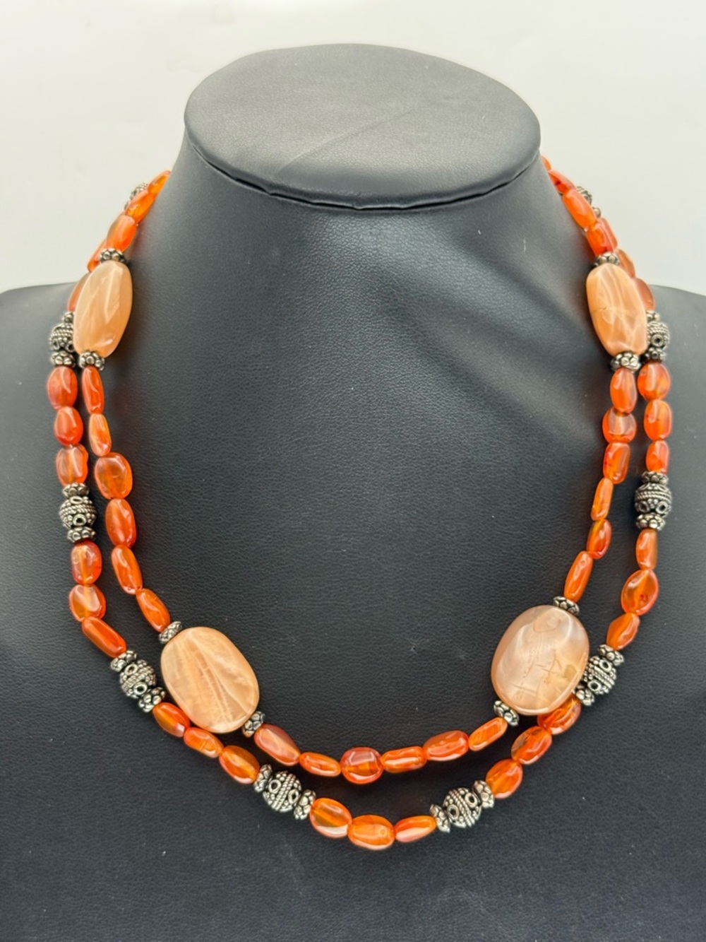 Signed Elyse Ryan Estate Sterling Silver Carnelian & Sunstone 2-Strand Necklace